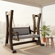 Load image into Gallery viewer, Wooden swing bench with gray cushion on a wooden deck